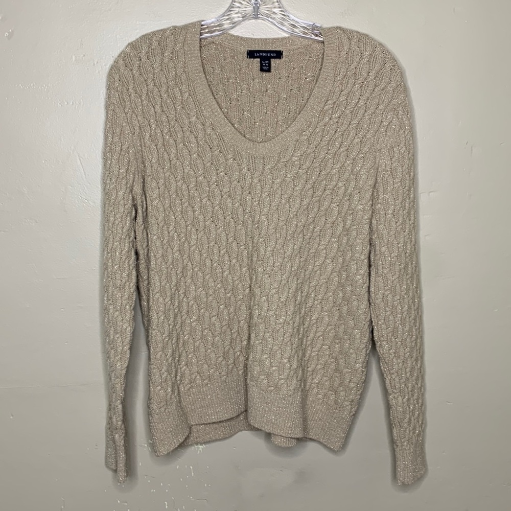 LANDS’ END Sweater Tan Silver Sparkle Cable Knit Deep Scoop Neck LP (14-16)
